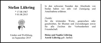 Traueranzeige von Stefan Lühring von Emder Zeitung
