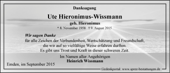 Traueranzeige von Ute Hieronimus-Wissmann von Emder Zeitung