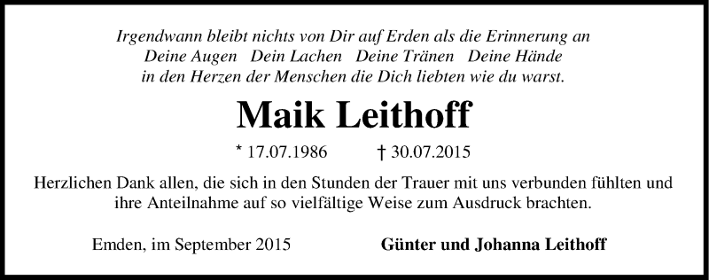  Traueranzeige für Maik Leithoff vom 12.09.2015 aus Emder Zeitung
