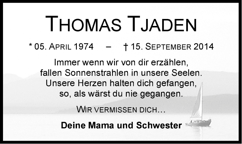  Traueranzeige für Thomas Tjaden vom 15.09.2015 aus Emder Zeitung