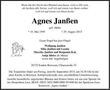 Traueranzeige von Agnes Janß?en von Emder Zeitung