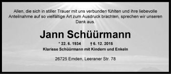 Traueranzeige von Jann Schüürmann von Emder Zeitung