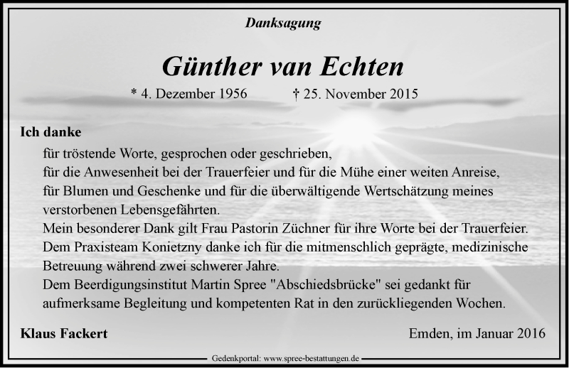  Traueranzeige für Günther van Echten vom 09.01.2016 aus Emder Zeitung