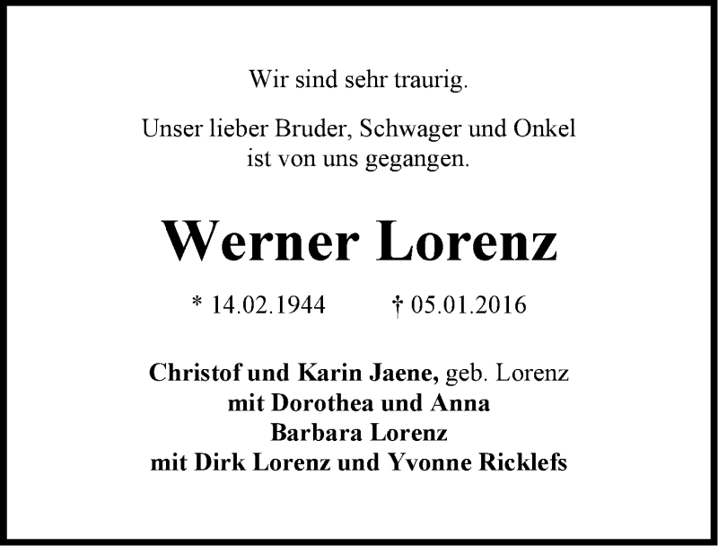  Traueranzeige für Werner Lorenz vom 12.01.2016 aus Emder Zeitung