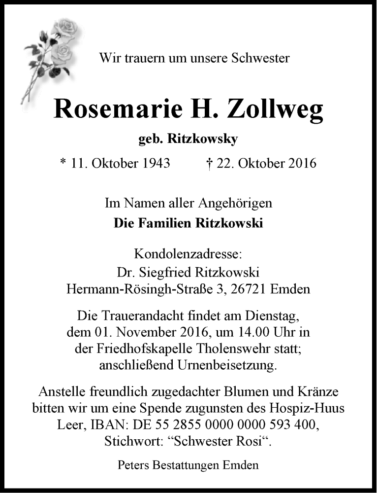  Traueranzeige für Rosemarie H. Zollweg vom 27.10.2016 aus Emder Zeitung