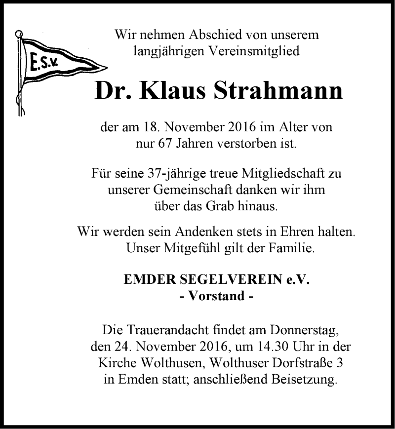  Traueranzeige für Klaus Strahmann vom 22.11.2016 aus Emder Zeitung