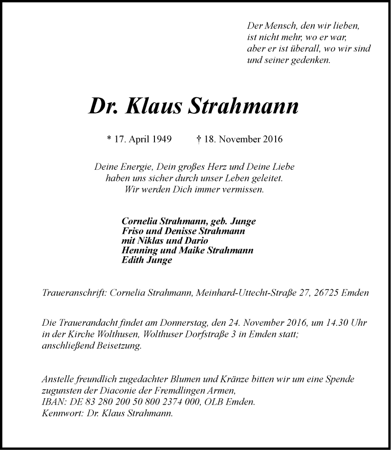  Traueranzeige für Klaus Strahmann vom 21.11.2016 aus Emder Zeitung