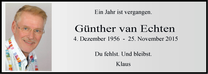  Traueranzeige für Günther van Echten vom 25.11.2016 aus Emder Zeitung