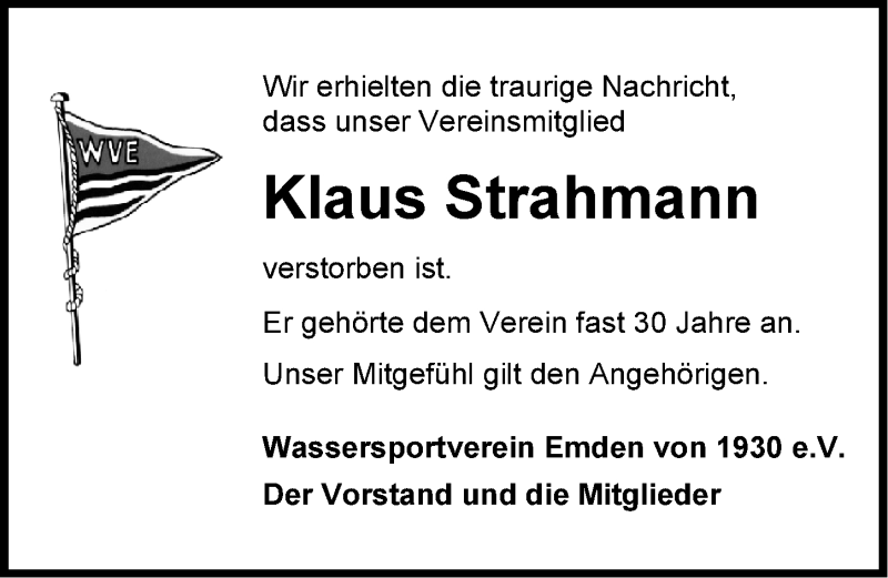  Traueranzeige für Klaus Strahmann vom 22.11.2016 aus Emder Zeitung