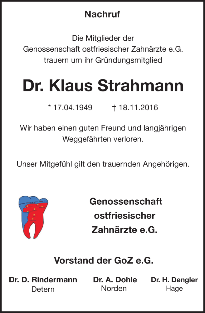  Traueranzeige für Klaus Strahmann vom 22.11.2016 aus Emder Zeitung