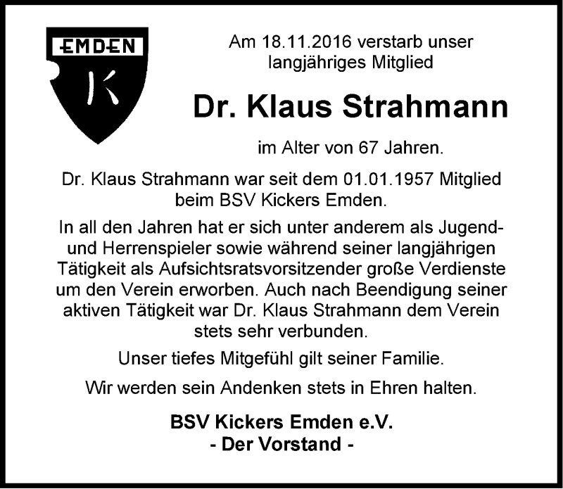  Traueranzeige für Klaus Strahmann vom 22.11.2016 aus Emder Zeitung