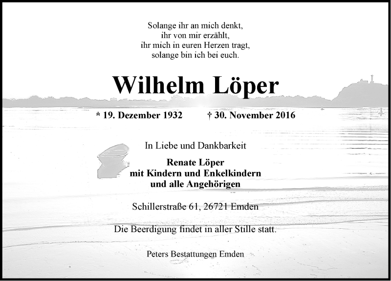 Traueranzeige für Wilhelm Löper vom 02.12.2016 aus Emder Zeitung