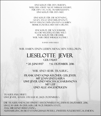 Traueranzeige von Lieselotte Jever von Emder Zeitung