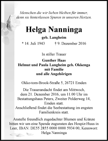 Traueranzeige von Helga Nanninga von Emder Zeitung