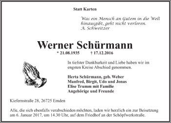 Traueranzeige von Werner Schürmann von Emder Zeitung