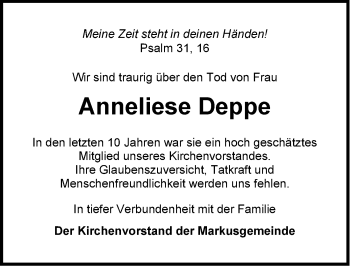 Traueranzeige von Anneliese Deppe von Emder Zeitung