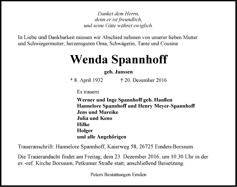  Traueranzeige für Wenda Spannhoff vom 21.12.2016 aus Emder Zeitung