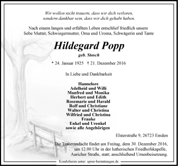 Traueranzeige von Hildegard Popp von Emder Zeitung