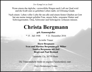 Traueranzeige von Christa Bergmann von Emder Zeitung