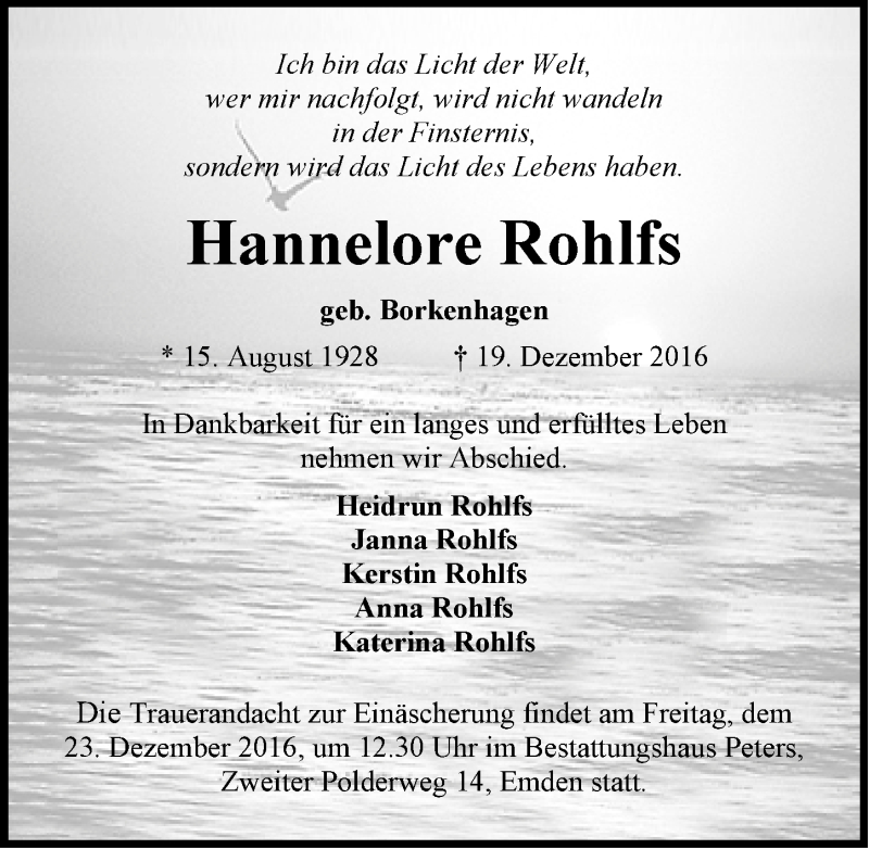  Traueranzeige für Hannelore Rohlfs vom 21.12.2016 aus Emder Zeitung