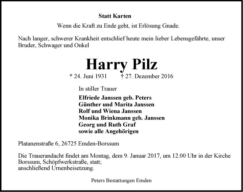  Traueranzeige für Harry Pilz vom 30.12.2016 aus Emder Zeitung