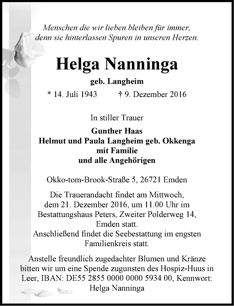  Traueranzeige für Helga Nanninga vom 14.12.2016 aus Emder Zeitung