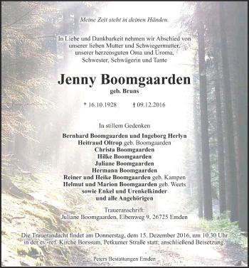 Traueranzeige von Jenny Boomgaarden von Emder Zeitung