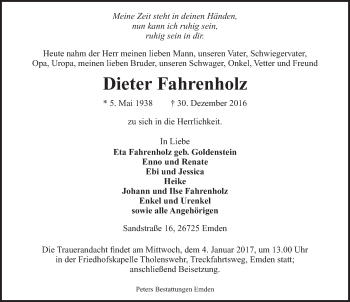 Traueranzeige von Dieter Fahrenholz von Emder Zeitung