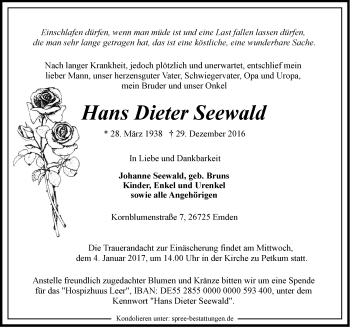 Traueranzeige von Hans Dieter Seewald von Emder Zeitung