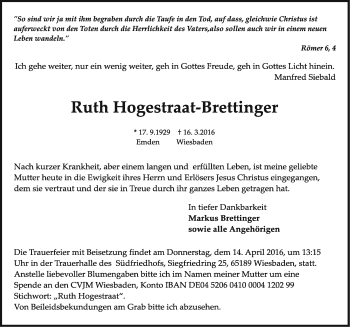 Traueranzeige von Ruth Hogestraat-Brettinger von Emder Zeitung