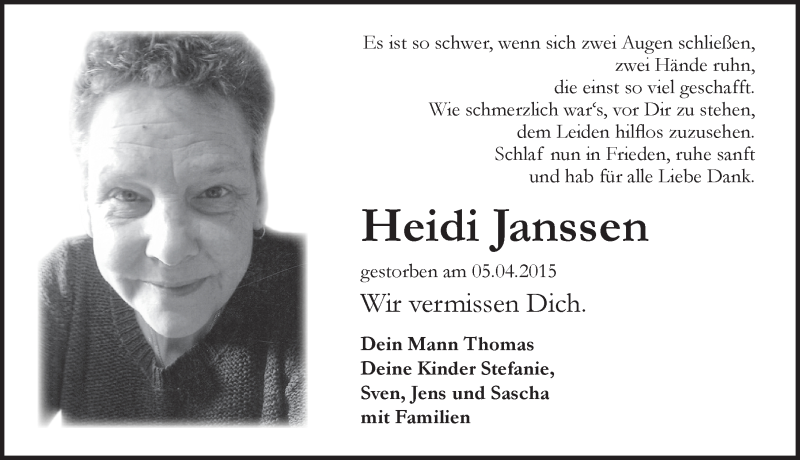  Traueranzeige für Heidi Janssen vom 02.04.2016 aus Emder Zeitung