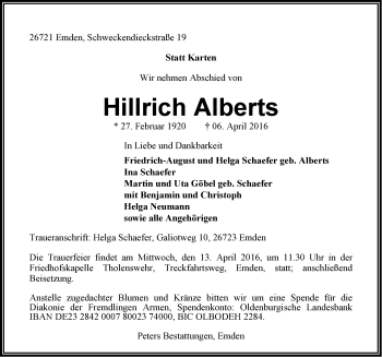 Traueranzeige von Hillrich Alberts von Emder Zeitung