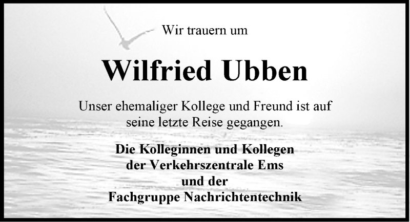  Traueranzeige für Wilfried Ubben vom 18.05.2016 aus Emder Zeitung