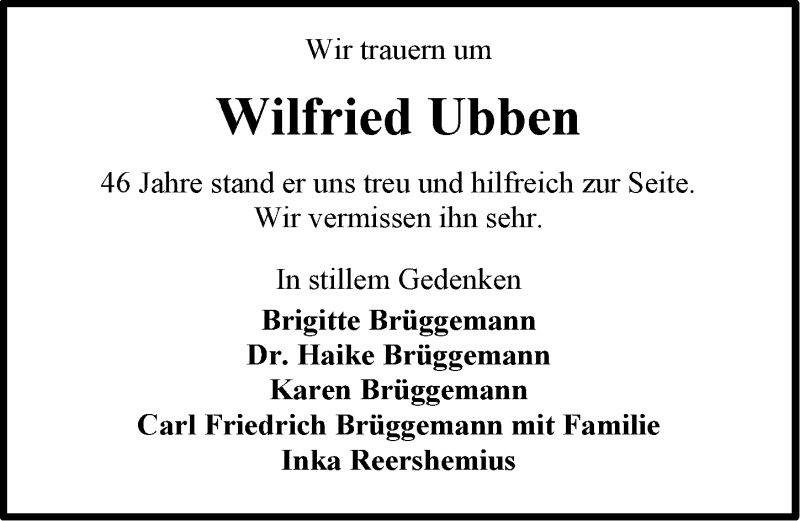  Traueranzeige für Wilfried Ubben vom 14.05.2016 aus Emder Zeitung