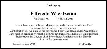 Traueranzeige von Elfriede Wiertzema von Emder Zeitung