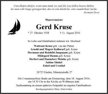 Traueranzeige von Gerd Kruse von Emder Zeitung