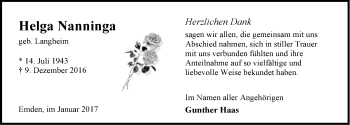 Traueranzeige von Helga Nanninga von Emder Zeitung