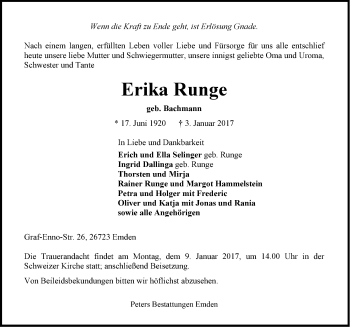 Traueranzeige von Erika Runge von Emder Zeitung