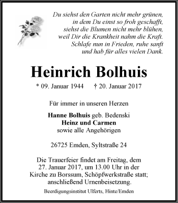 Traueranzeige von Heinrich Bolhuis von Emder Zeitung