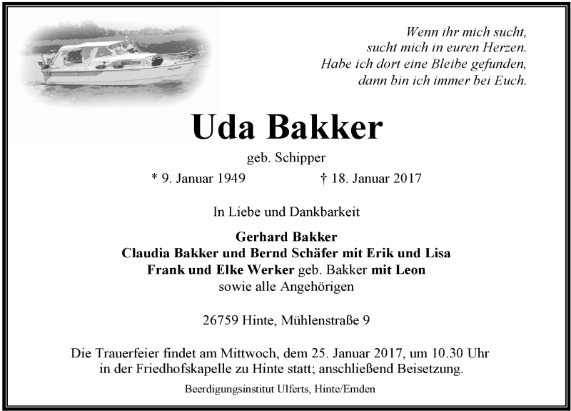  Traueranzeige für Uda Bakker vom 21.01.2017 aus Emder Zeitung