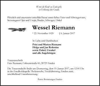 Traueranzeige von Wessel Riemann von Emder Zeitung