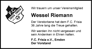 Traueranzeige von Wessel Riemann von Emder Zeitung
