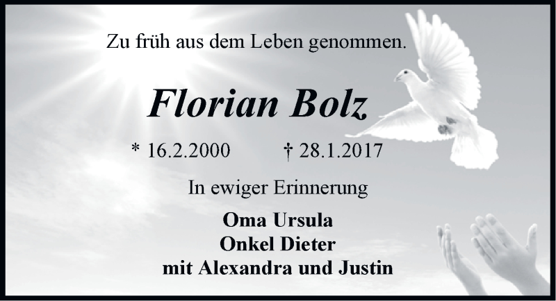  Traueranzeige für Florian Bolz vom 31.01.2017 aus Emder Zeitung
