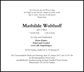 Traueranzeige von Mathilde Wolthoff von Emder Zeitung