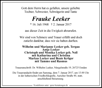 Traueranzeige von Frauke Leeker von Emder Zeitung