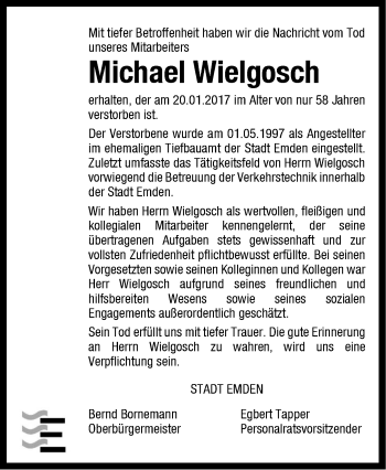 Traueranzeige von Michael Wielgosch von Emder Zeitung