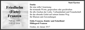 Traueranzeige von Friedhelm Franzen von Emder Zeitung