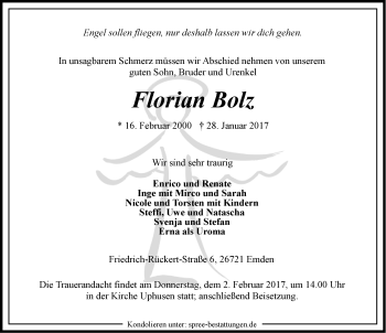 Traueranzeige von Florian Bolz von Emder Zeitung