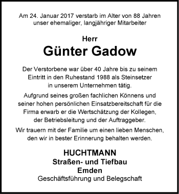 Traueranzeige von Günter Gadow von Emder Zeitung