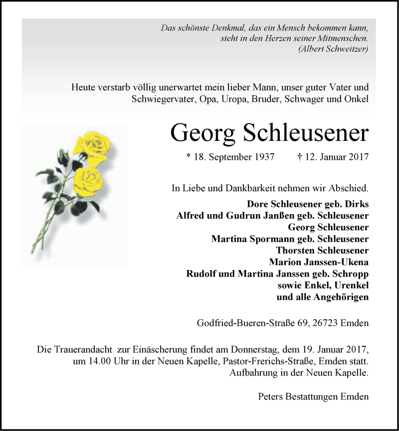  Traueranzeige für Georg Schleusener vom 13.01.2017 aus Emder Zeitung
